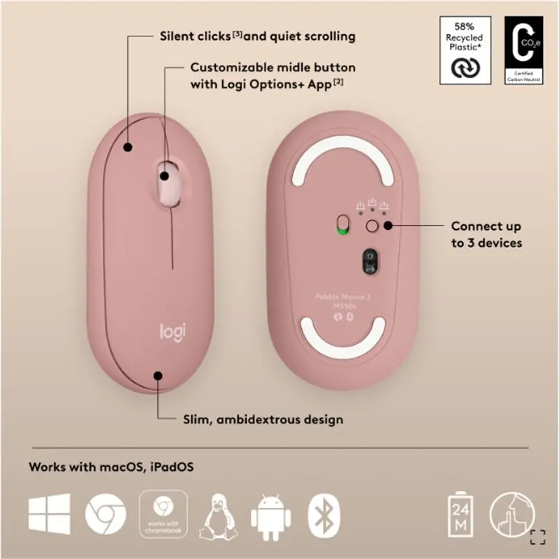 Logitech Pebble 2 M350S Kablosuz Bluetooth Sessiz Optik Mouse (Pembe)